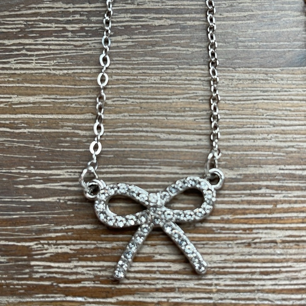 Silver Tone Pave Bow Necklace New